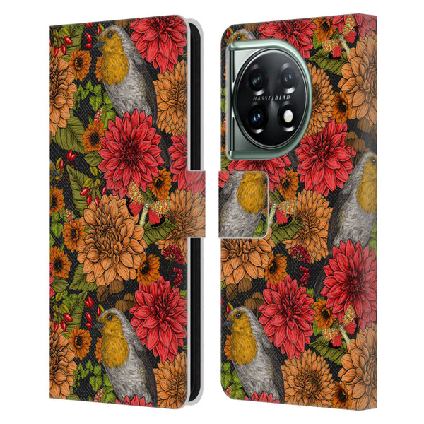 Katerina Kirilova Graphics Robins And Dahlias Leather Book Wallet Case Cover For OnePlus 11 5G