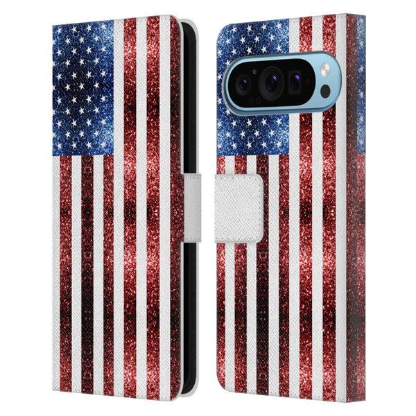 PLdesign Flags USA Glitters Leather Book Wallet Case Cover For Google Pixel 9 / Pixel 9 Pro