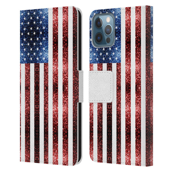 PLdesign Flags USA Glitters Leather Book Wallet Case Cover For Apple iPhone 12 / iPhone 12 Pro