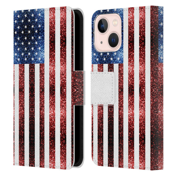 PLdesign Flags USA Glitters Leather Book Wallet Case Cover For Apple iPhone 13 Mini