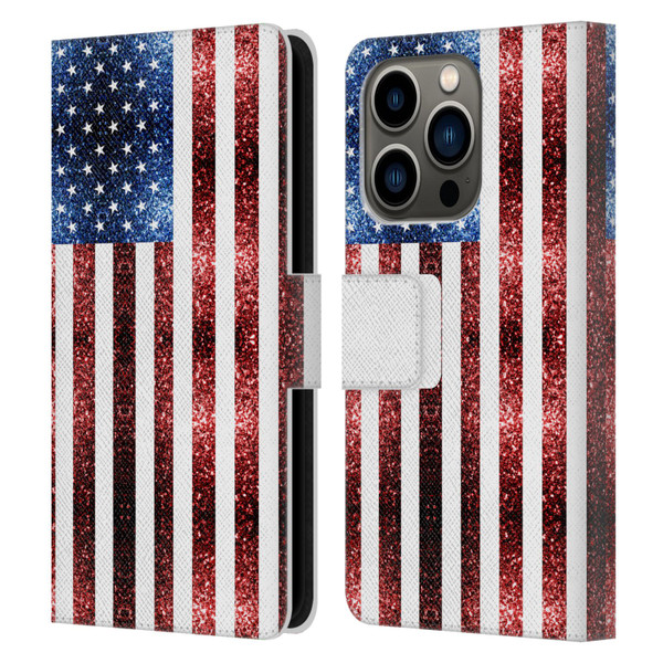 PLdesign Flags USA Glitters Leather Book Wallet Case Cover For Apple iPhone 14 Pro