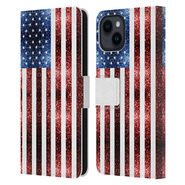 PLdesign Flags USA Glitters Leather Book Wallet Case Cover For Apple iPhone 15