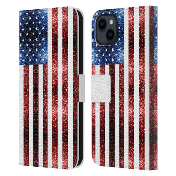 PLdesign Flags USA Glitters Leather Book Wallet Case Cover For Apple iPhone 15 Plus