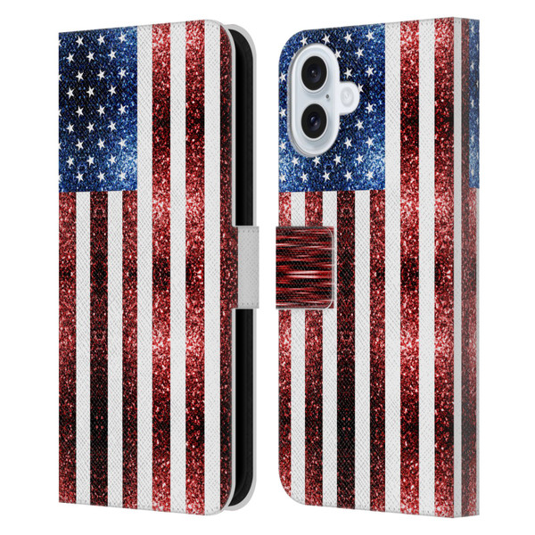 PLdesign Flags USA Glitters Leather Book Wallet Case Cover For Apple iPhone 16 Plus