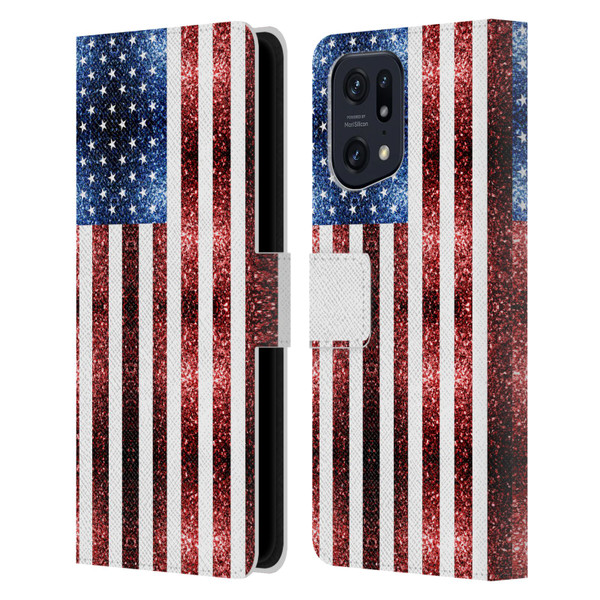 PLdesign Flags USA Glitters Leather Book Wallet Case Cover For OPPO Find X5