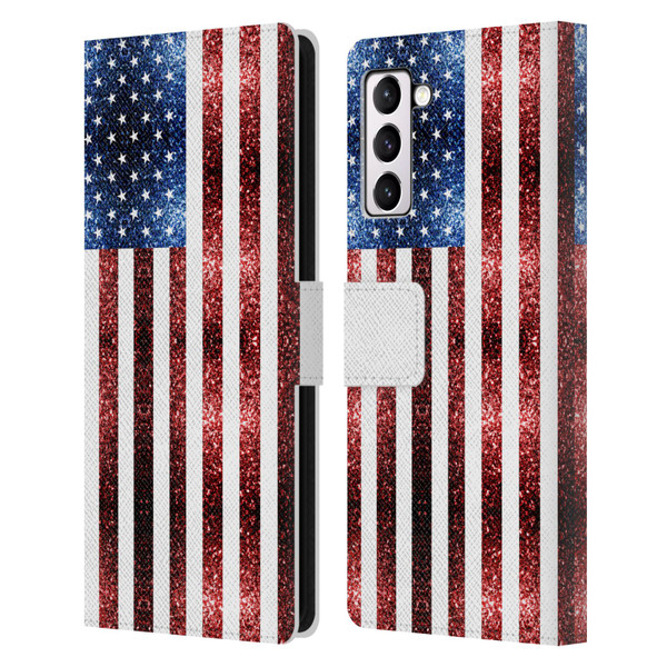 PLdesign Flags USA Glitters Leather Book Wallet Case Cover For Samsung Galaxy S21+ 5G
