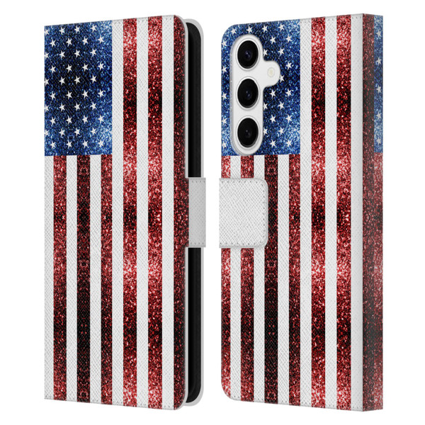 PLdesign Flags USA Glitters Leather Book Wallet Case Cover For Samsung Galaxy S24+ 5G