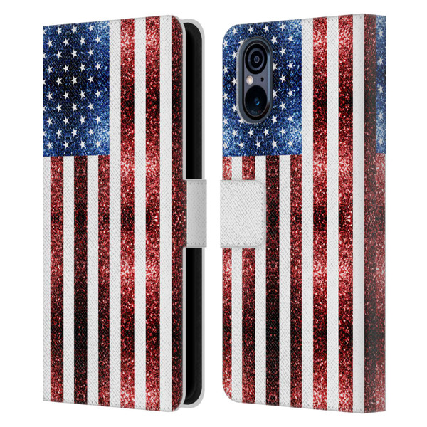 PLdesign Flags USA Glitters Leather Book Wallet Case Cover For Sony Xperia 5 V 5G