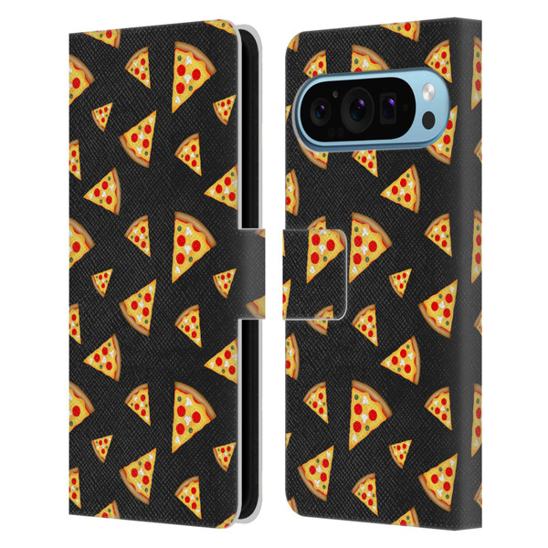 PLdesign Food Patterns Cool Fun Pizza Slices Black Leather Book Wallet Case Cover For Google Pixel 9 / Pixel 9 Pro