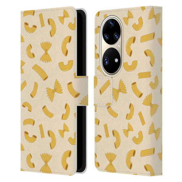 PLdesign Food Patterns Macaroni Pasta Gold Leather Book Wallet Case Cover For Huawei P50 Pro