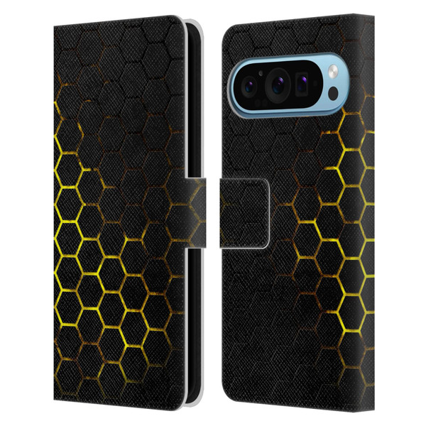 PLdesign Geometric Patterns Honeycomb Yellow Leather Book Wallet Case Cover For Google Pixel 9 / Pixel 9 Pro