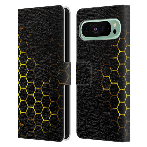 PLdesign Geometric Patterns Honeycomb Yellow Leather Book Wallet Case Cover For Google Pixel 9 Pro XL