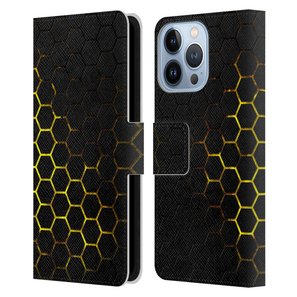 PLdesign Geometric Patterns Honeycomb Yellow Leather Book Wallet Case Cover For Apple iPhone 13 Pro