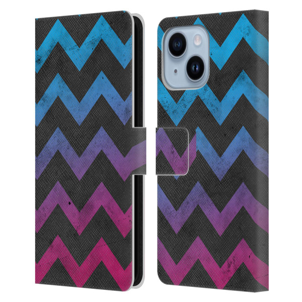 PLdesign Geometric Patterns Blue Pink Ombre Vintage Leather Book Wallet Case Cover For Apple iPhone 14 Plus