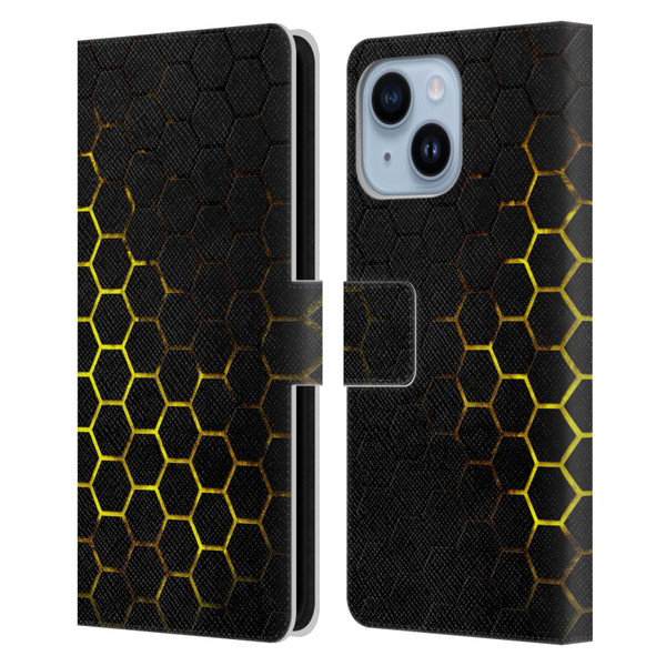 PLdesign Geometric Patterns Honeycomb Yellow Leather Book Wallet Case Cover For Apple iPhone 14 Plus