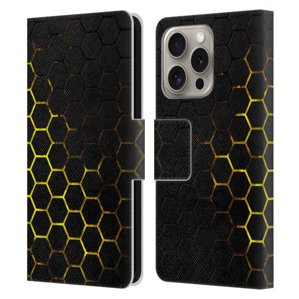 PLdesign Geometric Patterns Honeycomb Yellow Leather Book Wallet Case Cover For Apple iPhone 16 Pro