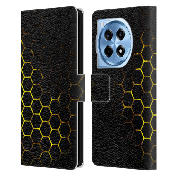 PLdesign Geometric Patterns Honeycomb Yellow Leather Book Wallet Case Cover For OnePlus 12R