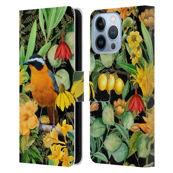 LebensArt Jungle Plants And Animals Orange Bird Elements Leather Book Wallet Case Cover For Apple iPhone 13 Pro