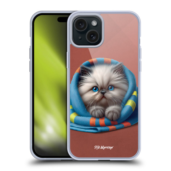 P.D. Moreno Play Cat Artwork Blue Towel Soft Gel Case for Apple iPhone 15 Plus
