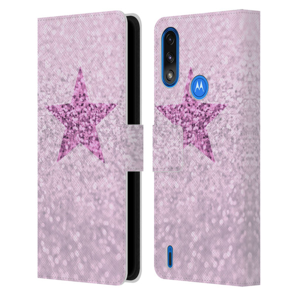 Monika Strigel Glitter Star Pastel Pink Leather Book Wallet Case Cover For Motorola Moto E7 Power / Moto E7i Power