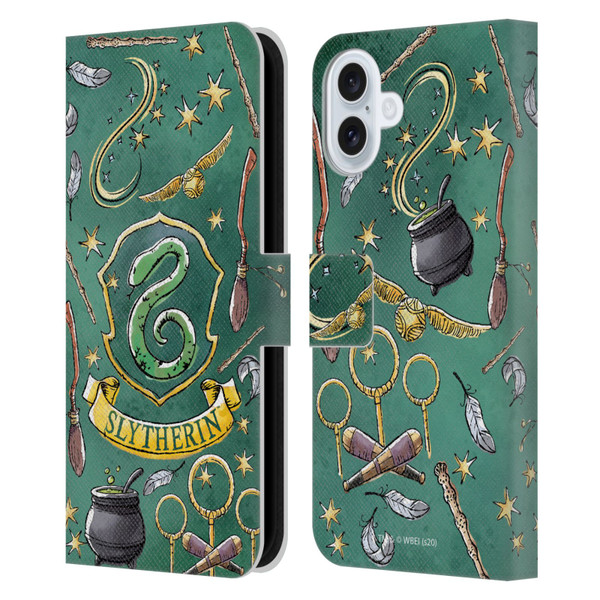 Harry Potter Deathly Hallows XIII Slytherin Pattern Leather Book Wallet Case Cover For Apple iPhone 16 Plus