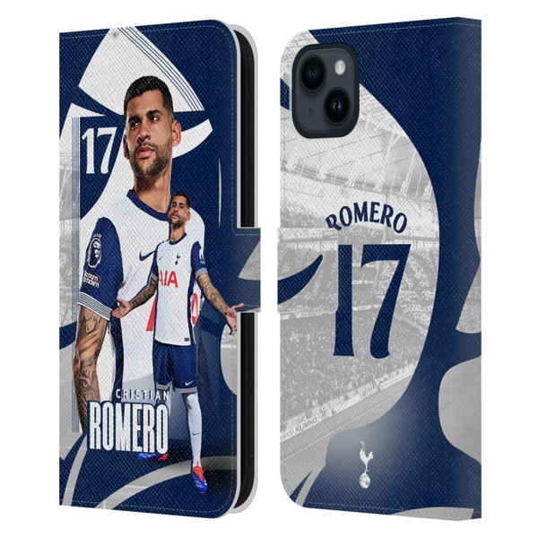 Tottenham Hotspur F.C. 2024/25 First Team Cristian Romero Leather Book Wallet Case Cover For Apple iPhone 15 Plus