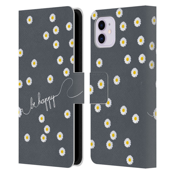 Monika Strigel Happy Daisy Grey Leather Book Wallet Case Cover For Apple iPhone 11