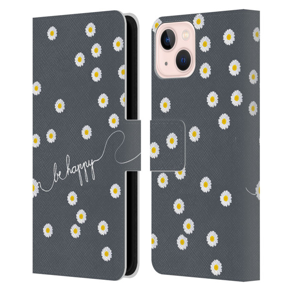 Monika Strigel Happy Daisy Grey Leather Book Wallet Case Cover For Apple iPhone 13