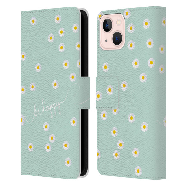 Monika Strigel Happy Daisy Mint Leather Book Wallet Case Cover For Apple iPhone 13