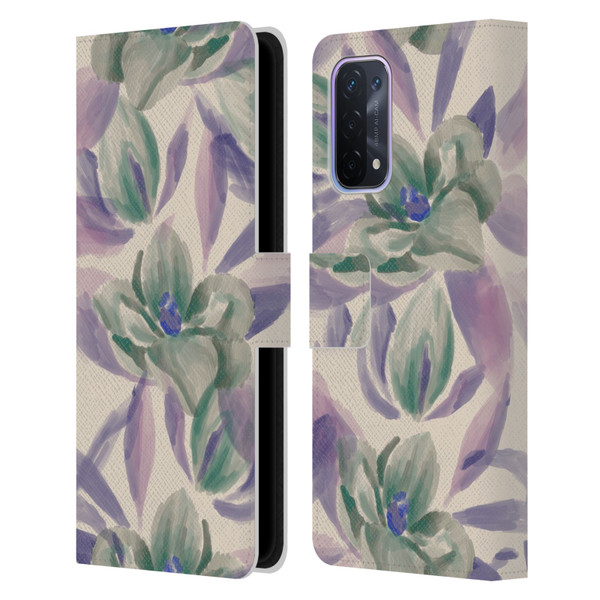 Anis Illustration Floral And Leaves Magnolias Paint Purple Leather Book Wallet Case Cover For OPPO A54 5G