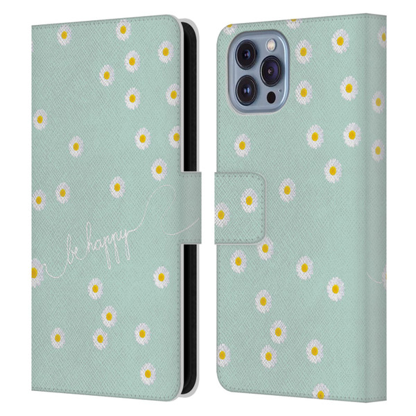 Monika Strigel Happy Daisy Mint Leather Book Wallet Case Cover For Apple iPhone 14
