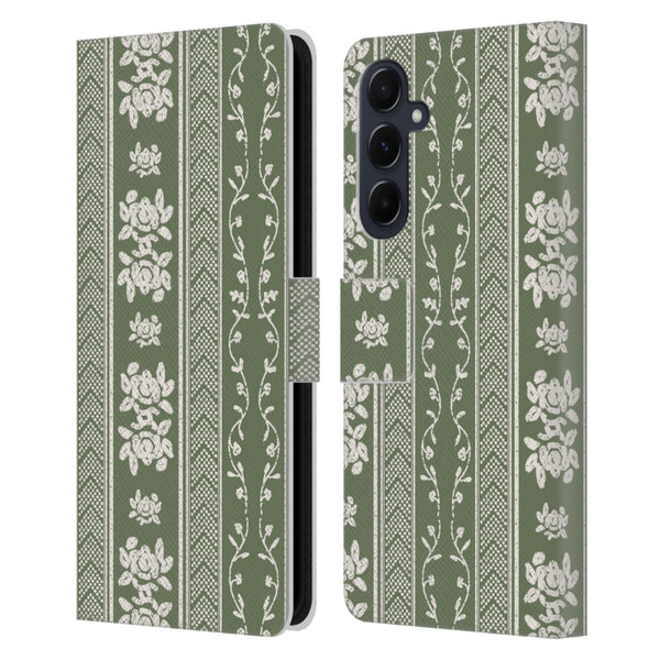 Anis Illustration Floral And Leaves Floral Stripes Green Leather Book Wallet Case Cover For Samsung Galaxy A55 5G