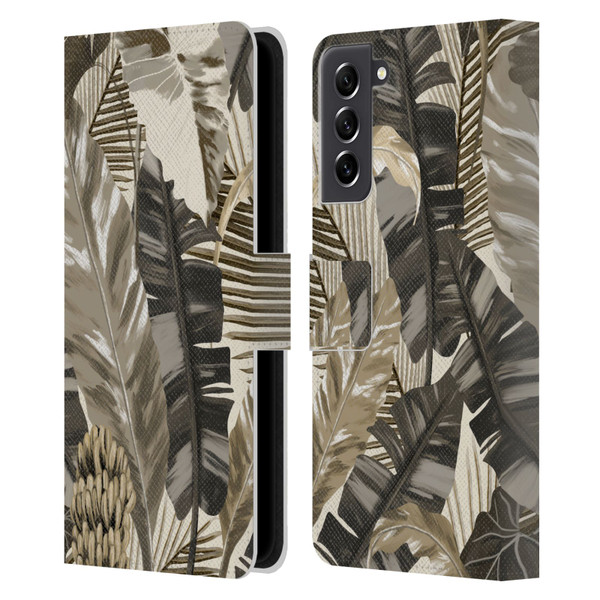 Anis Illustration Floral And Leaves Tropical Leaves Sepia Leather Book Wallet Case Cover For Samsung Galaxy S21 FE 5G