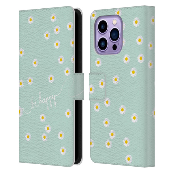 Monika Strigel Happy Daisy Mint Leather Book Wallet Case Cover For Apple iPhone 14 Pro Max