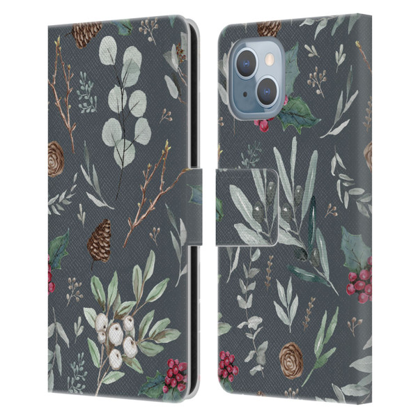 Anis Illustration Floral Pattern Christmas Eucalyptus Blue Leather Book Wallet Case Cover For Apple iPhone 14