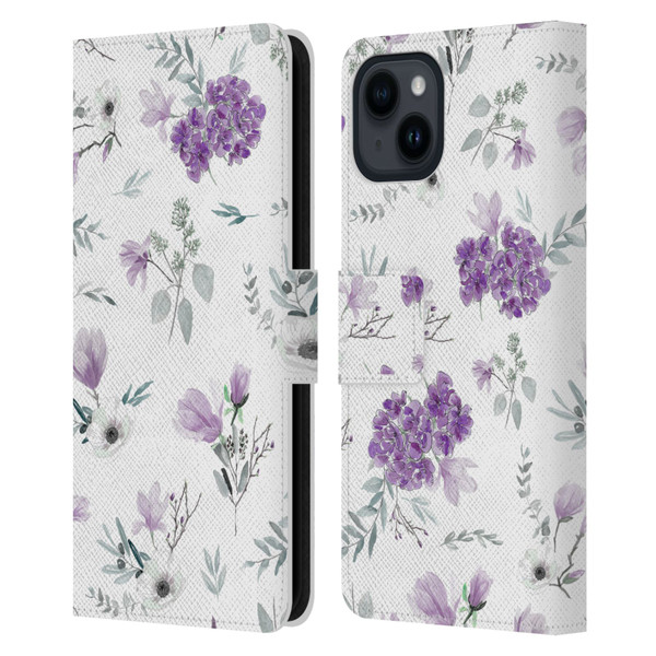 Anis Illustration Floral Pattern Romantic Blue Pink Leather Book Wallet Case Cover For Apple iPhone 15