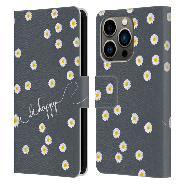 Monika Strigel Happy Daisy Grey Leather Book Wallet Case Cover For Apple iPhone 14 Pro