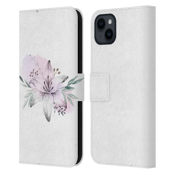 Anis Illustration Floral Pattern Lilium Flower Leather Book Wallet Case Cover For Apple iPhone 15 Plus