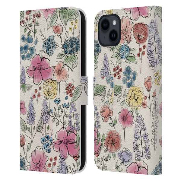 Anis Illustration Floral Pattern Wild Garden Leather Book Wallet Case Cover For Apple iPhone 15 Plus