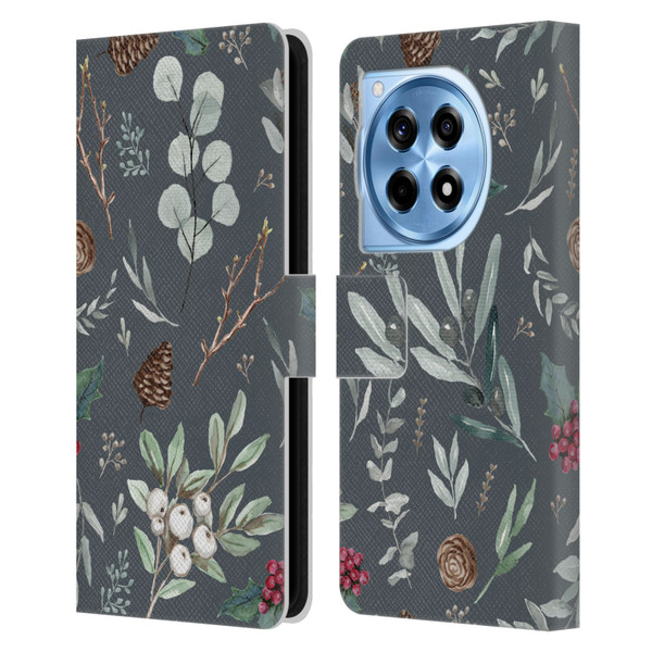 Anis Illustration Floral Pattern Christmas Eucalyptus Blue Leather Book Wallet Case Cover For OnePlus 12R