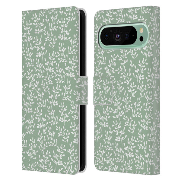 Anis Illustration Mix Pattern Tiny Leaves Beige Leather Book Wallet Case Cover For Google Pixel 9 Pro XL