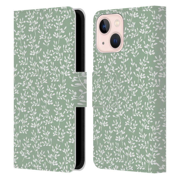 Anis Illustration Mix Pattern Tiny Leaves Beige Leather Book Wallet Case Cover For Apple iPhone 13 Mini