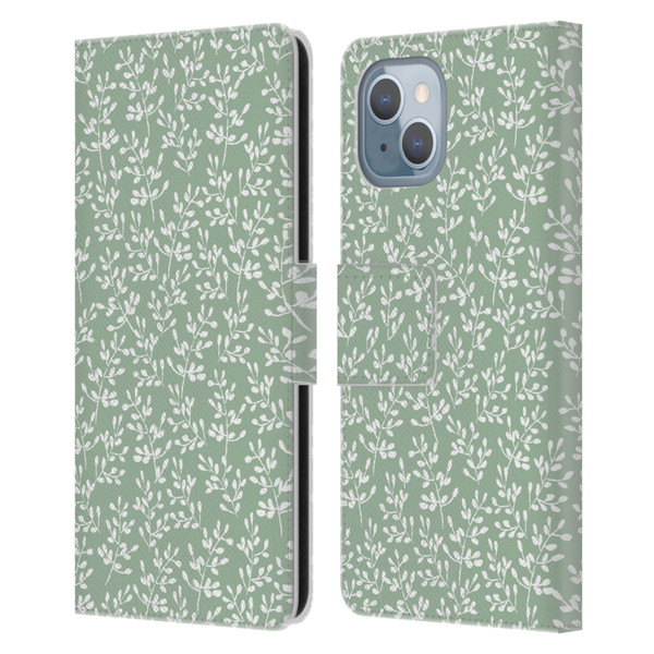 Anis Illustration Mix Pattern Tiny Leaves Beige Leather Book Wallet Case Cover For Apple iPhone 14