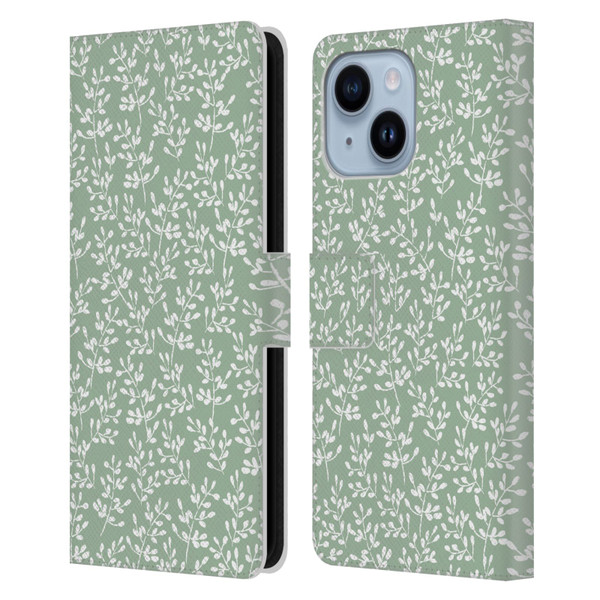 Anis Illustration Mix Pattern Tiny Leaves Beige Leather Book Wallet Case Cover For Apple iPhone 14 Plus