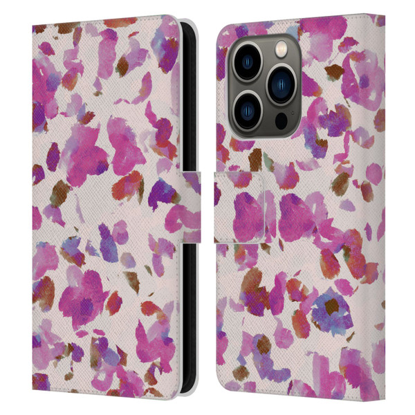 Anis Illustration Mix Pattern Soft Feminine Pink Flowers Leather Book Wallet Case Cover For Apple iPhone 14 Pro