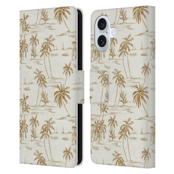 Anis Illustration Mix Pattern Beach Beige Gold Leather Book Wallet Case Cover For Apple iPhone 16 Plus