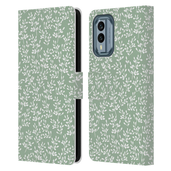Anis Illustration Mix Pattern Tiny Leaves Beige Leather Book Wallet Case Cover For Nokia X30