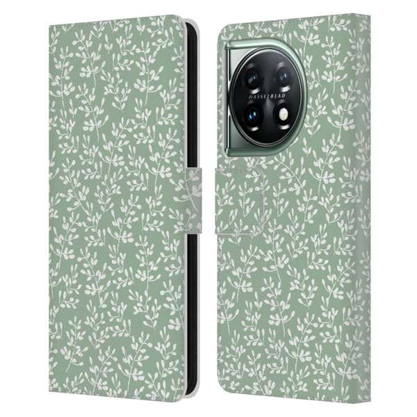 Anis Illustration Mix Pattern Tiny Leaves Beige Leather Book Wallet Case Cover For OnePlus 11 5G