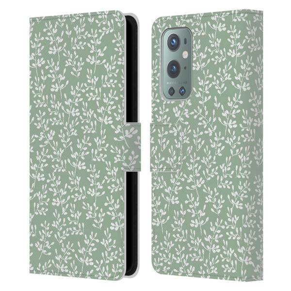 Anis Illustration Mix Pattern Tiny Leaves Beige Leather Book Wallet Case Cover For OnePlus 9