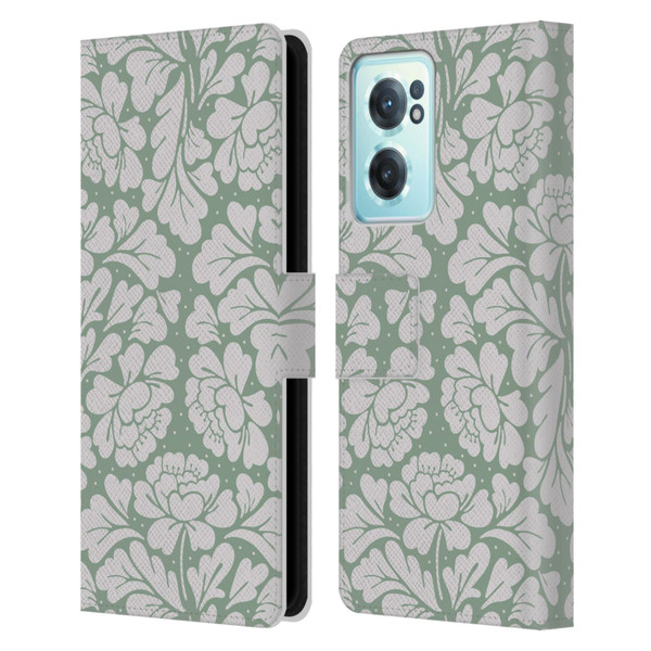Anis Illustration Mix Pattern Baroque Pastel Green Leather Book Wallet Case Cover For OnePlus Nord CE 2 5G